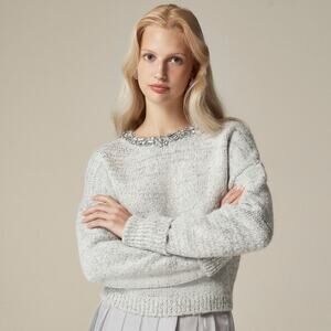 J. Crew Embellished Pullover Sweater Long Sleeve Light Grey Silver Size XS NWT